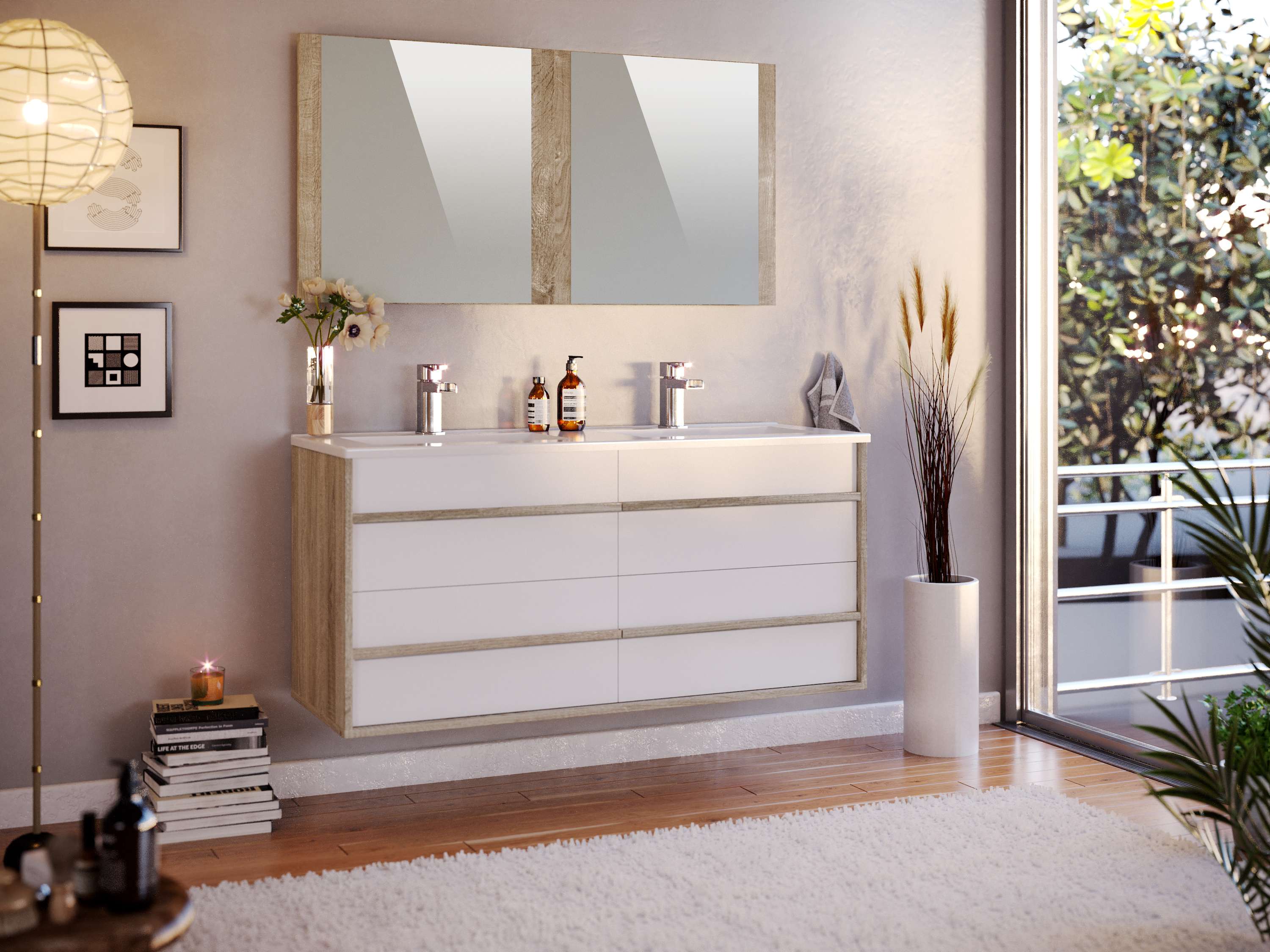Móveis de casa de banho tawa 4 gavetas 120 cm carvalho e branco t-bath