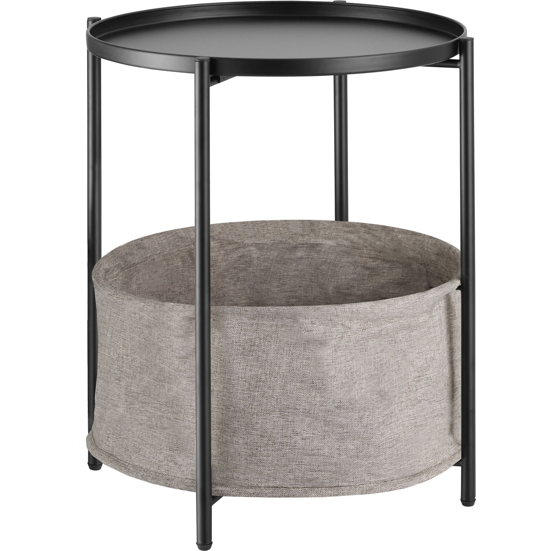 Mesa auxiliar redonda, tabuleiro e cesta, 45,5 x 53 cm, preto