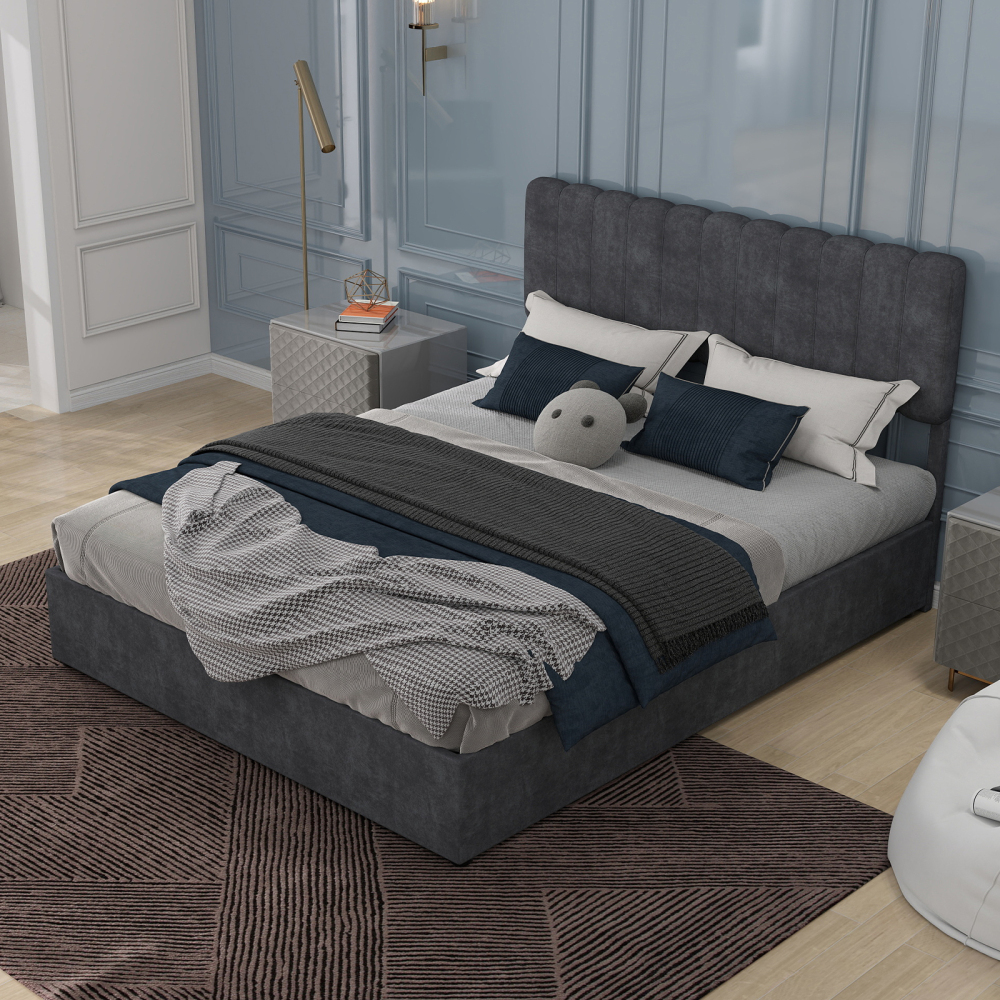 Cama estofada 160x200cm estrutura tecido e metal – cinzento