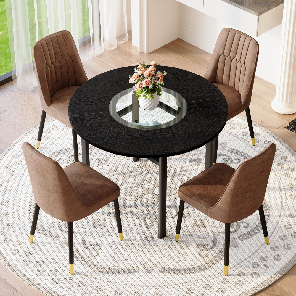 Conjunto mesa jantar redonda mdf metal castanho preto 4 lugares 100cm