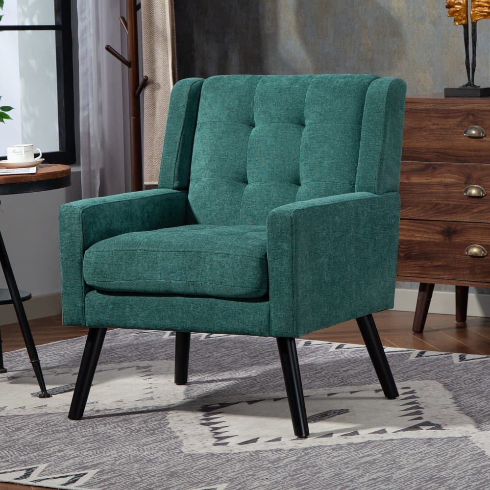 Poltrona estofada em linho verde retro para sala quarto ou escritório
