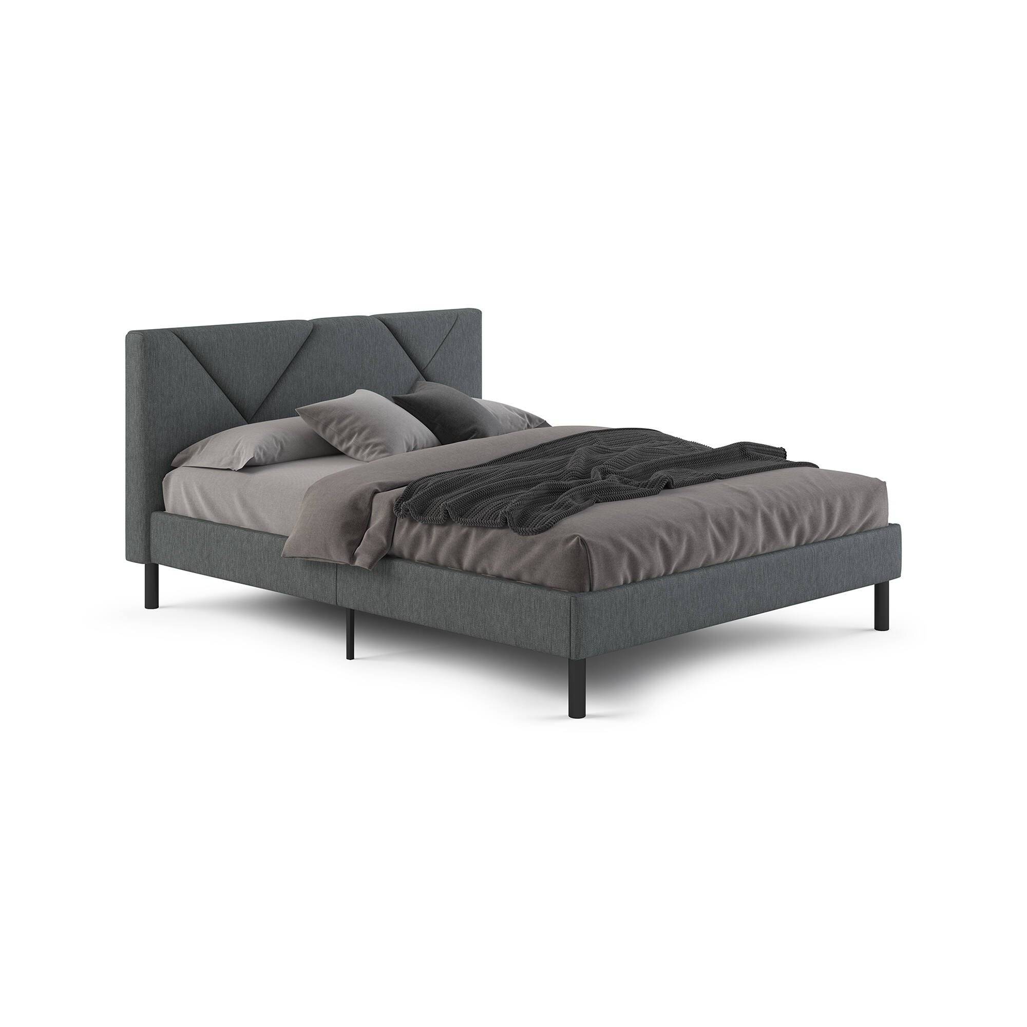 Cama de casal morpheus, estofada, em tecido cinza escuro