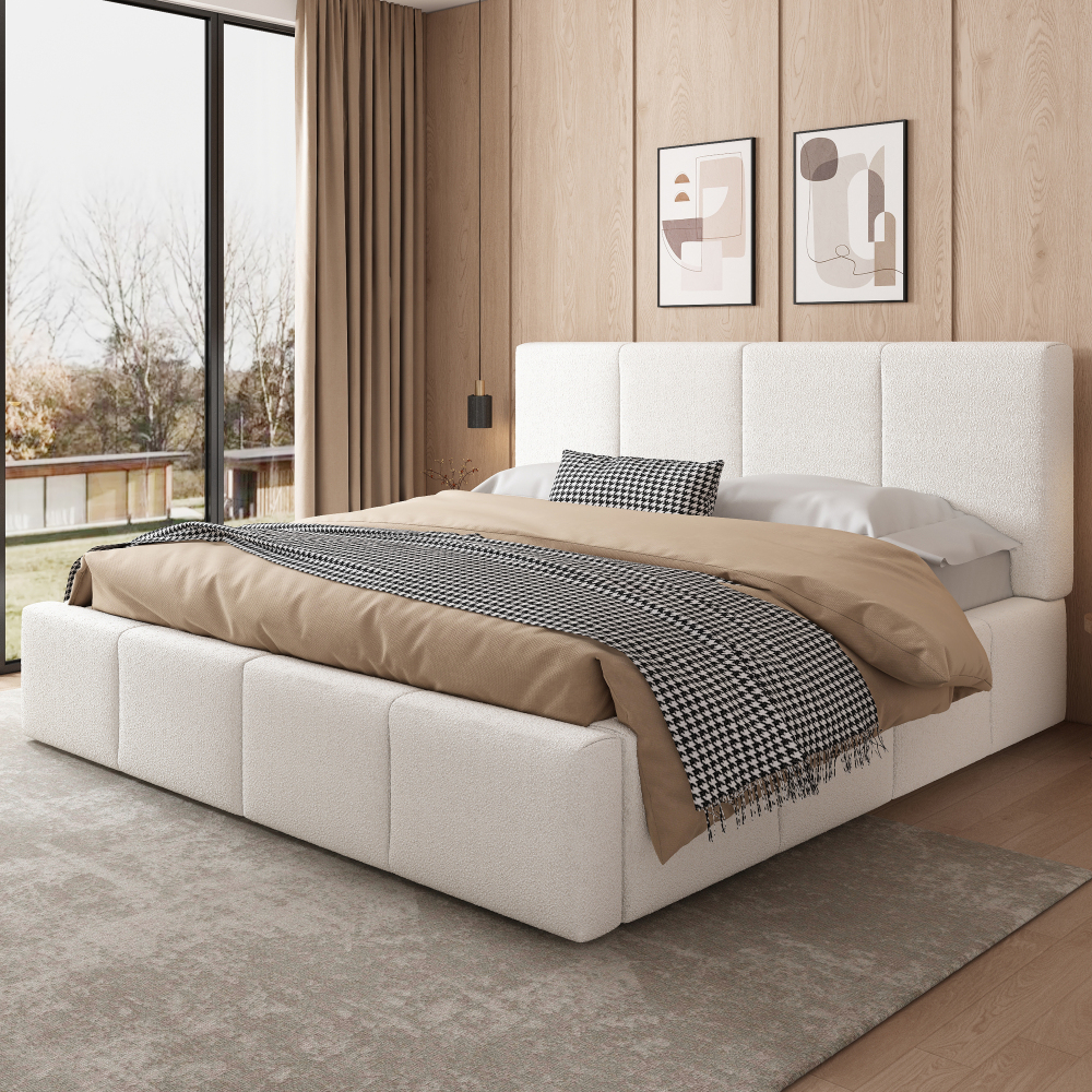 Cama de casal 180x200cm com estrado e cabeceira bouclé – bege