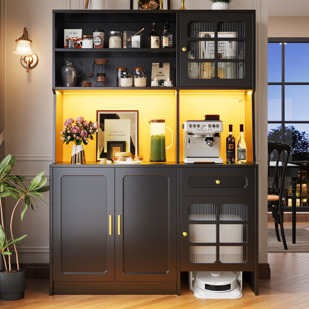 Armário de cozinha alto com portas em vidro e LED preto 130x45x180 cm