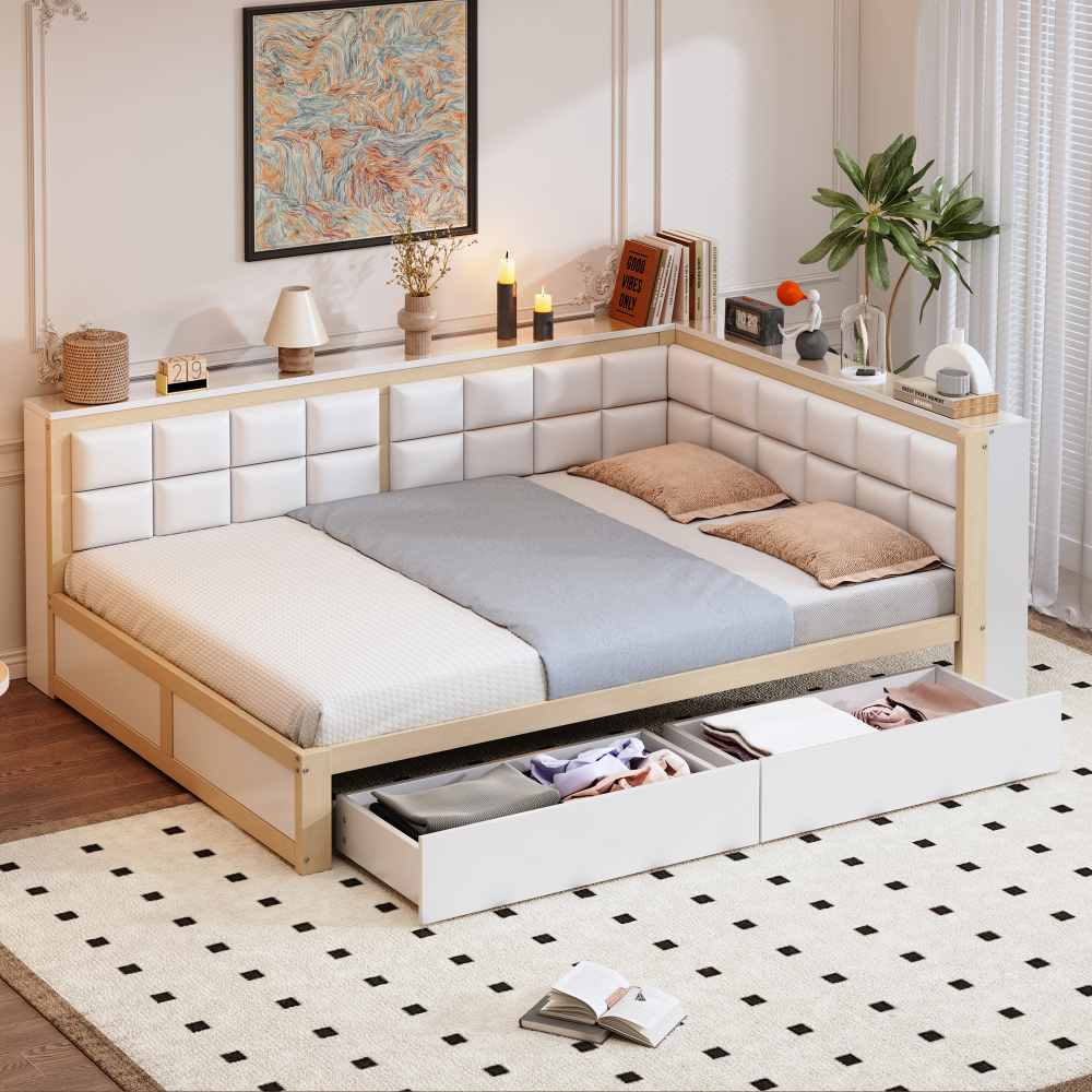 Sofá cama em madeira natural 140x200 com encosto e 2 gavetas