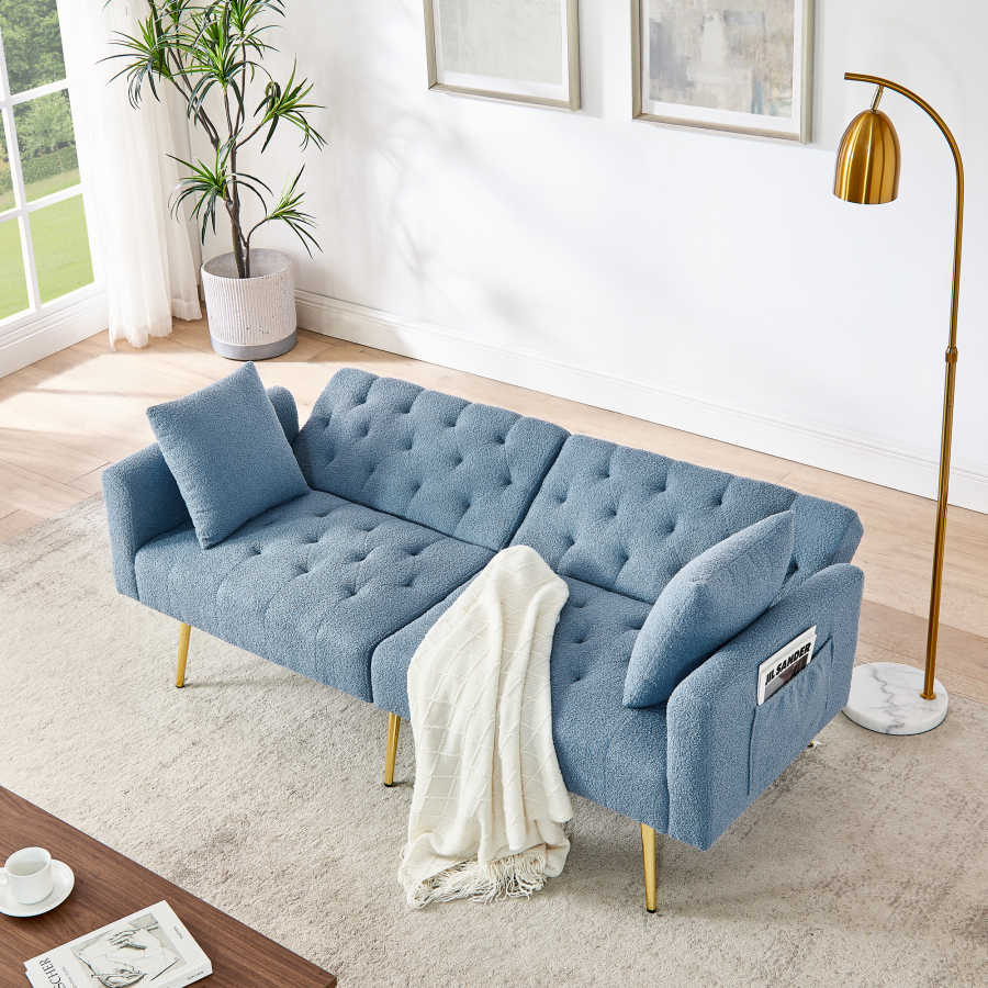 Sofá 2 lugares em tecido peluche azul com encosto ajustável