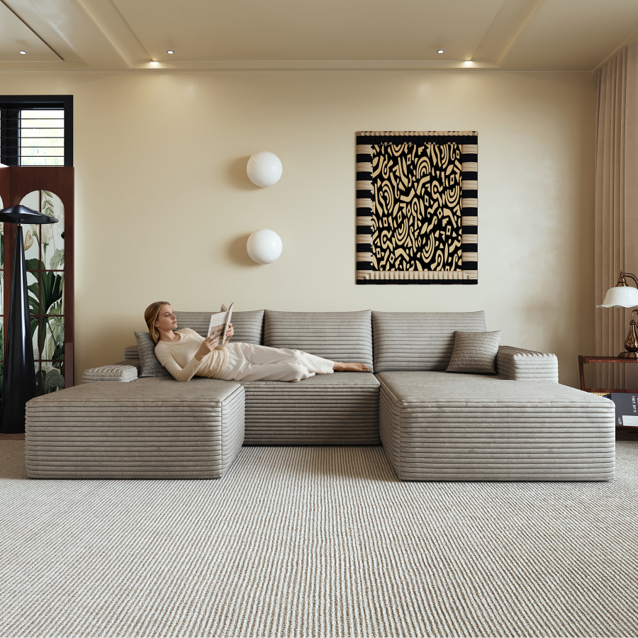 Sofá modular de canto em l tecido camel 3 lugares com assento profundo