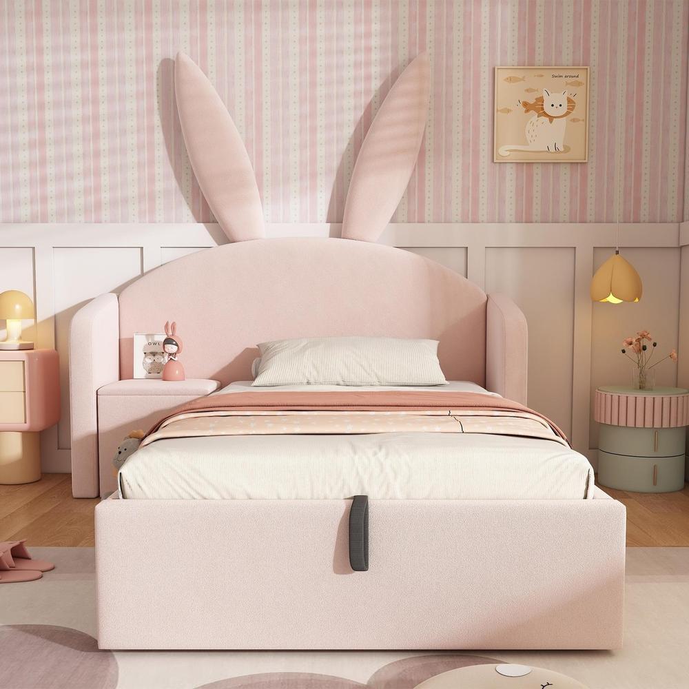 Cama infantil 90x200cm com baú hidráulico e mesa de cabeceira rosa