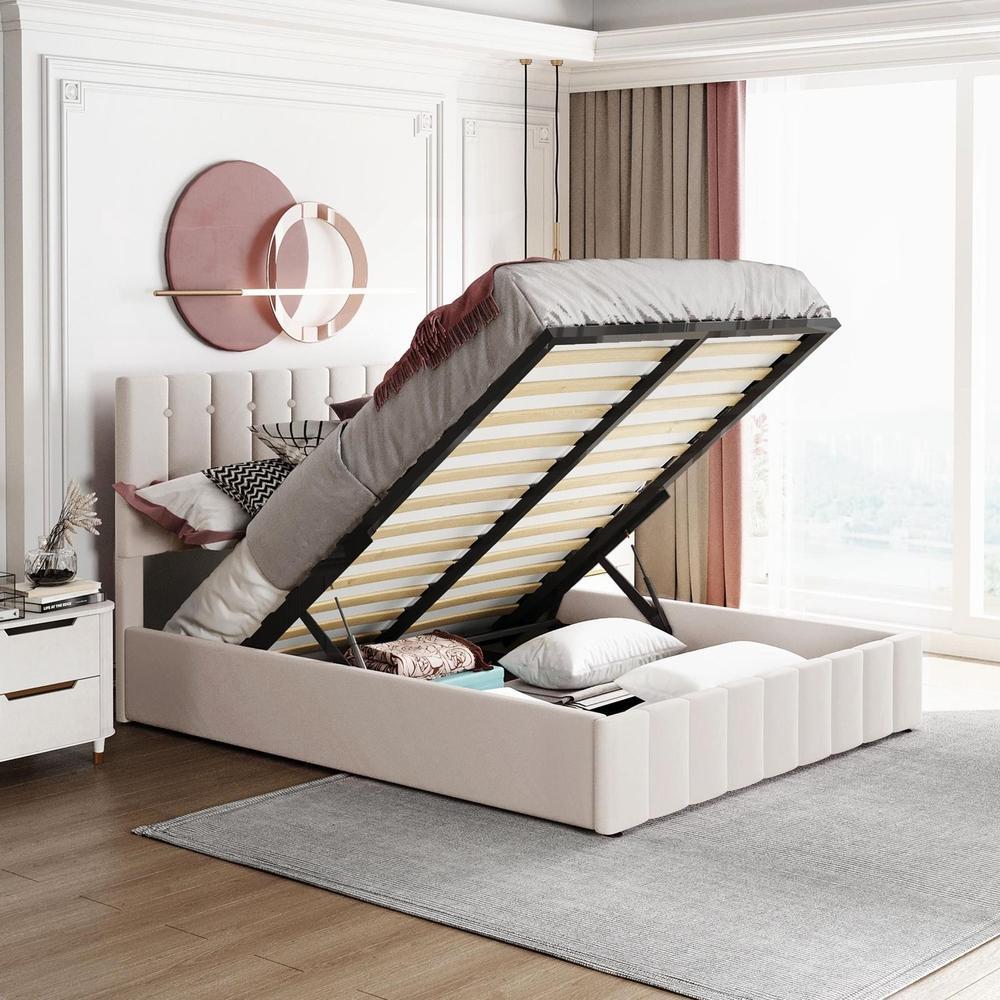 Cama de casal 140x200cm com baú hidráulico e cabeceira ajustável bege