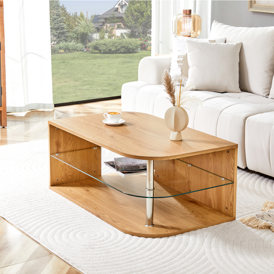 Mesa de centro com arrumação vidro e madeira natural 42x100x60cm