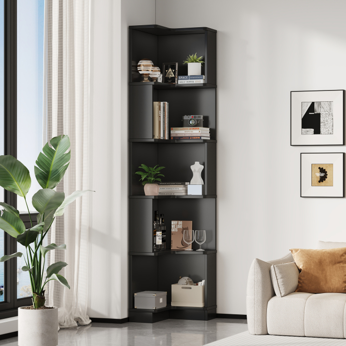 Estante de canto para livros com LED preto 175x63,5x45cm