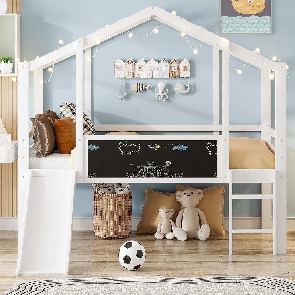 Cama cabana infantil 90x200cm madeira branca com tobogã
