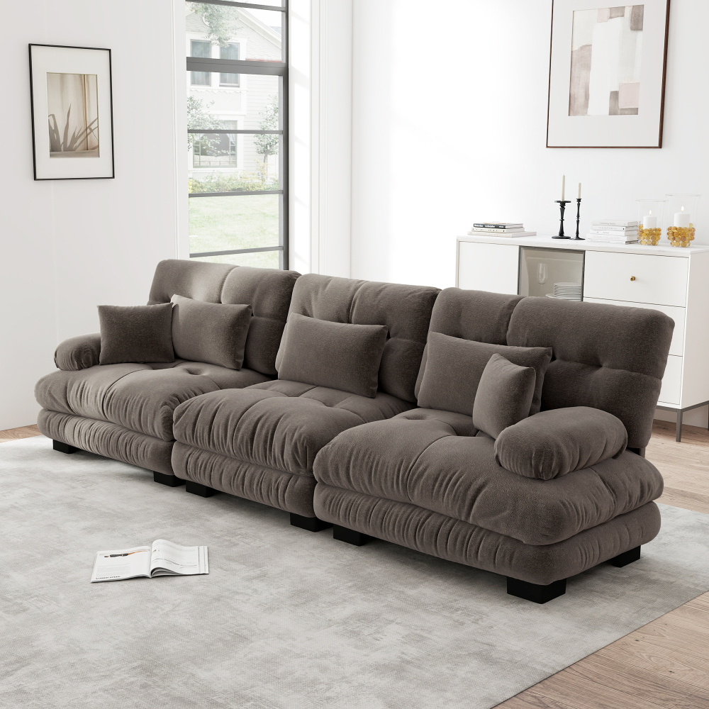 Sofá modular de canto em chenille castanho 3 lugares com assento profundo