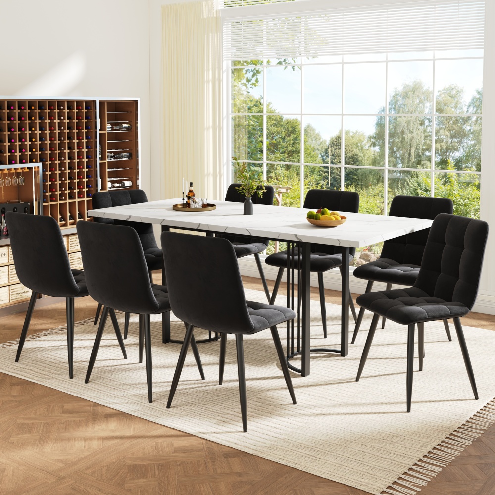 Conjunto mesa de jantar extensível com 8 cadeiras em veludo preto e branco