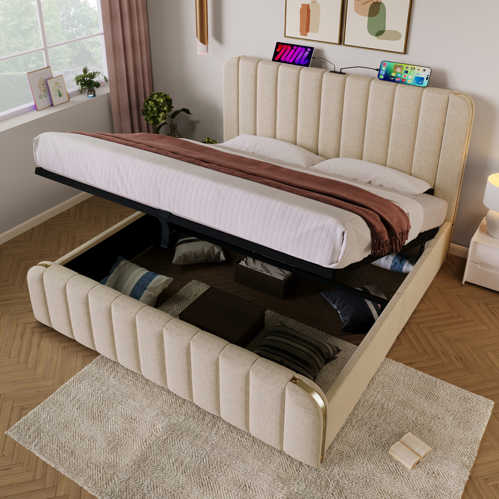 Cama de casal 180x200cm com arrumação e usb linho – bege