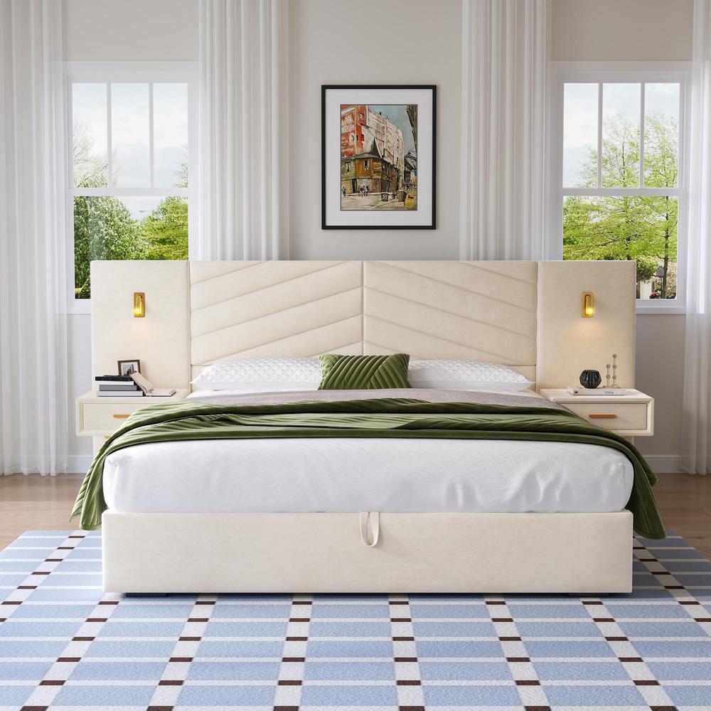 Cama baú veludo 160x200cm hidráulica com LED e 2 bancos bege
