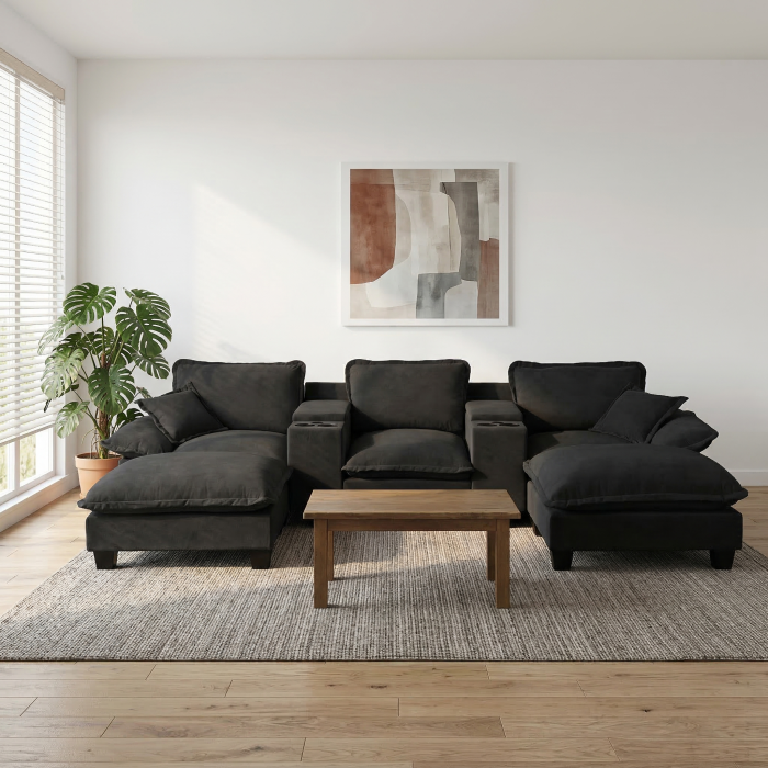 Sofá modular em u em chenille preto com arrumação usb e porta copos