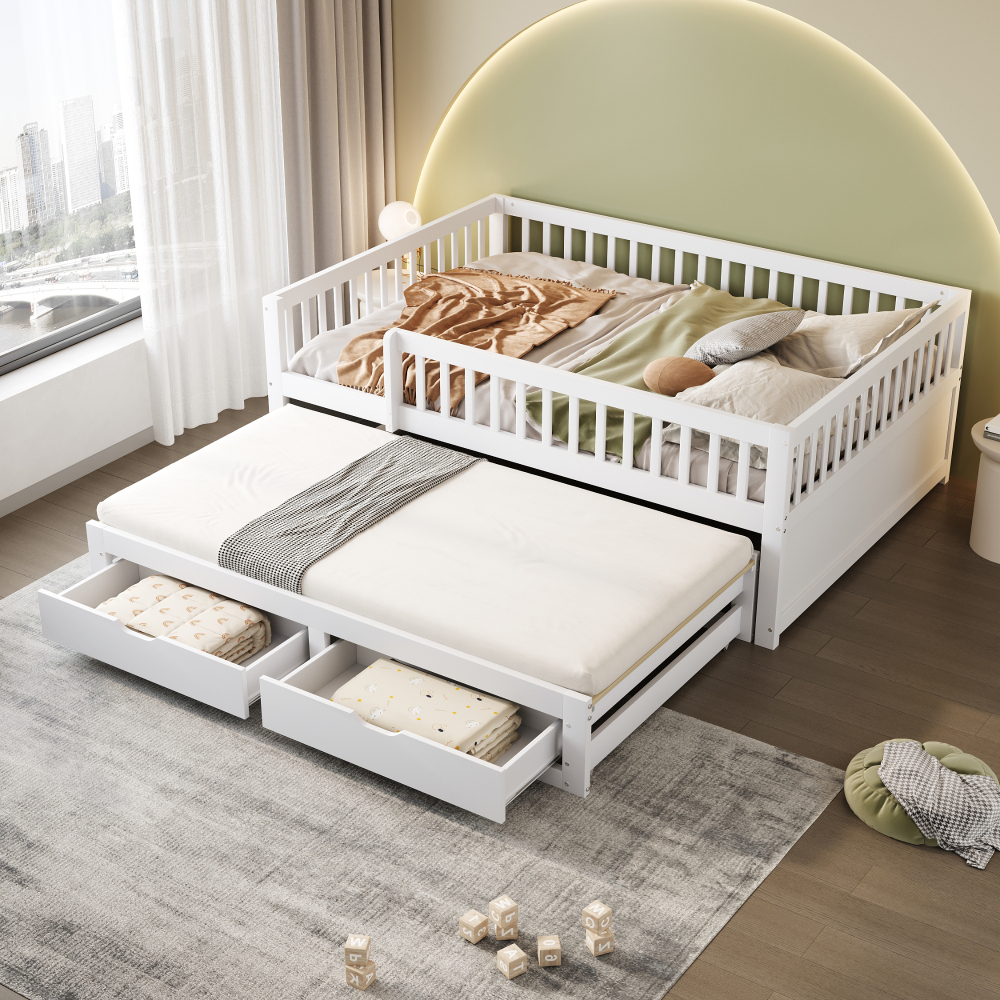 Cama de madeira 140x200cm com grelha, arrumação e cama auxiliar branco