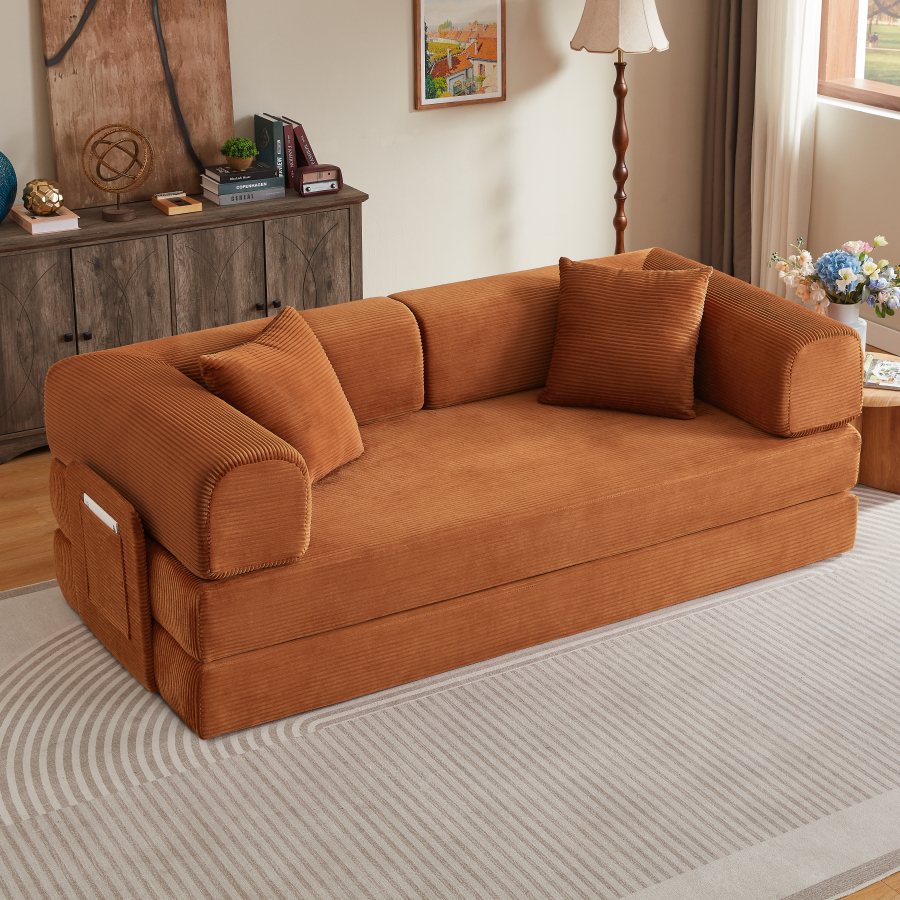 Sofá cama dobrável em veludo cotelê terracota 2 lugares com almofadas