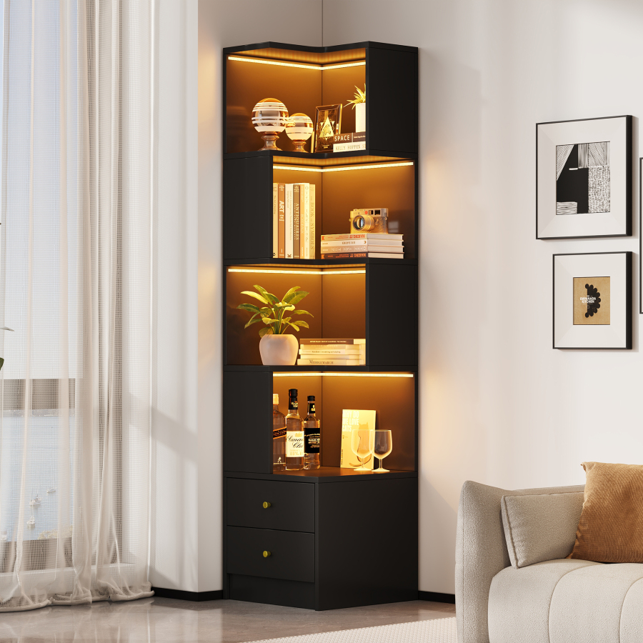 Estante de canto com LED preto 180x45x43,5cm