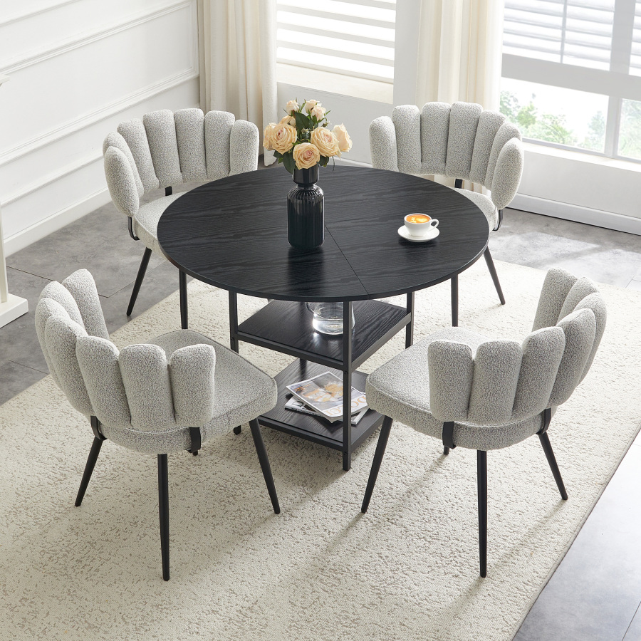 Conjunto mesa redonda arrumação e 4 cadeiras tecido cinzento preto