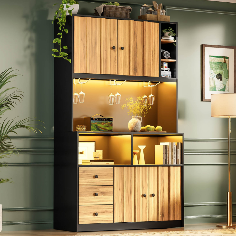 Armário de cozinha alto com vitrine e LED preto natural 180x100x40cm