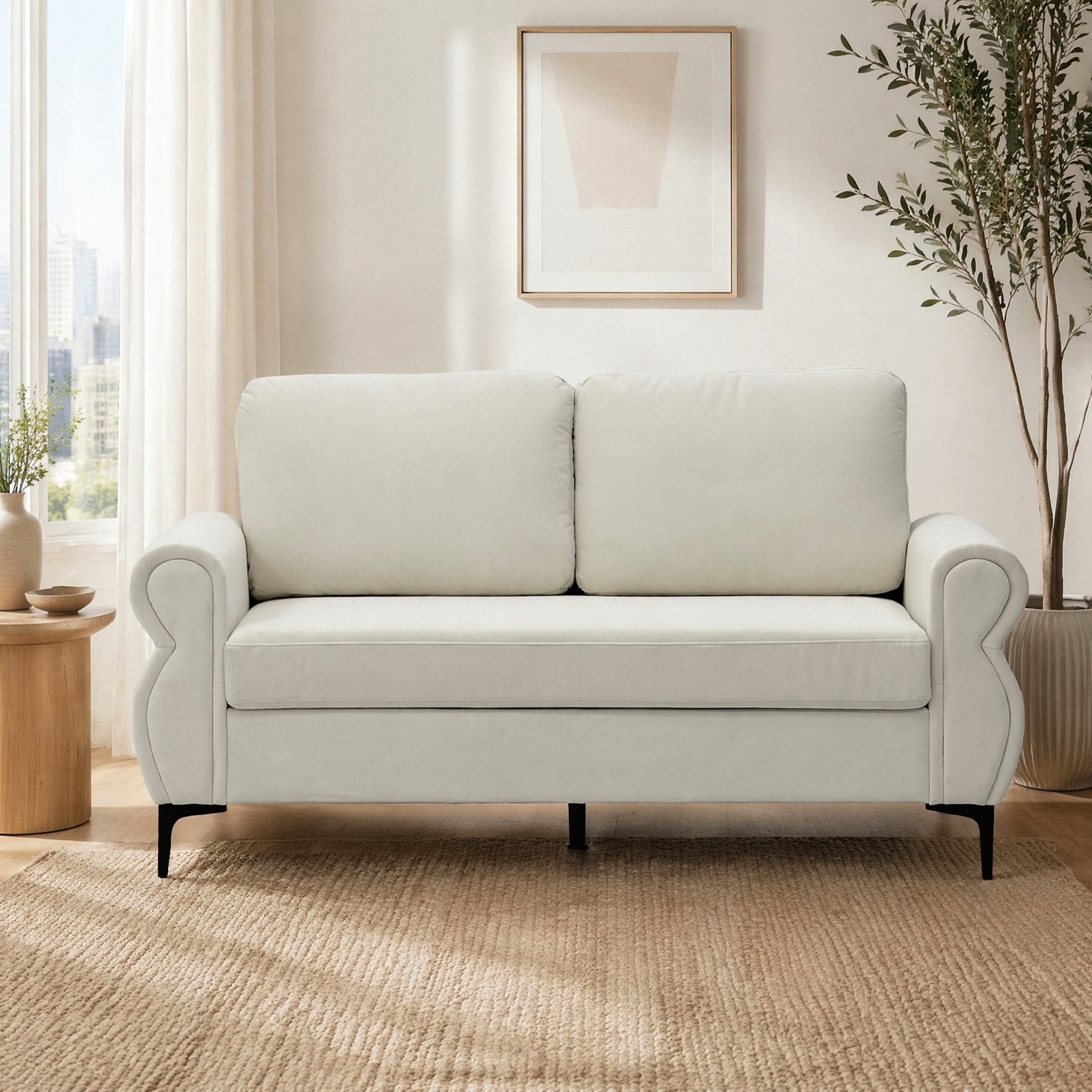 Sofá moderno em tecido e metal - branco creme - com capa removível e molas