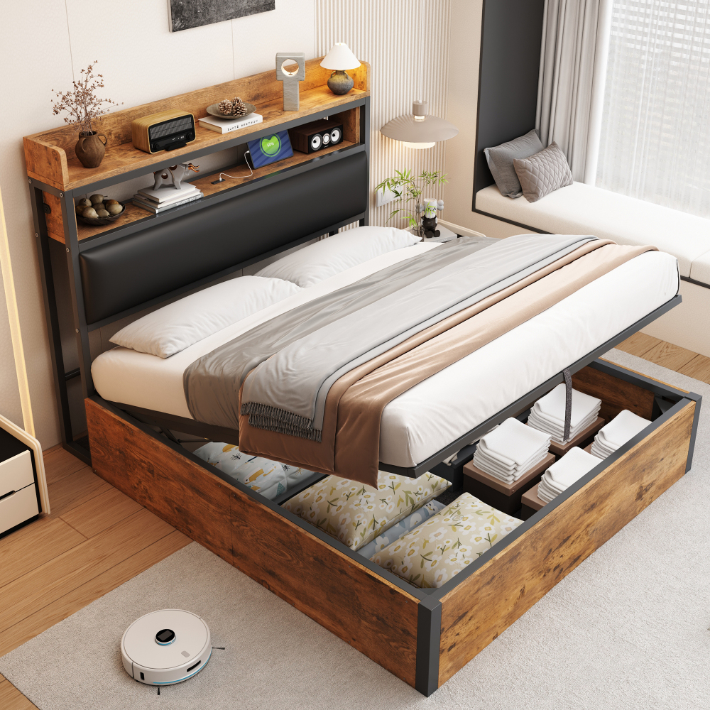 Cama de casal 140x200cm com arrumação hidráulica usb madeira e metal preto