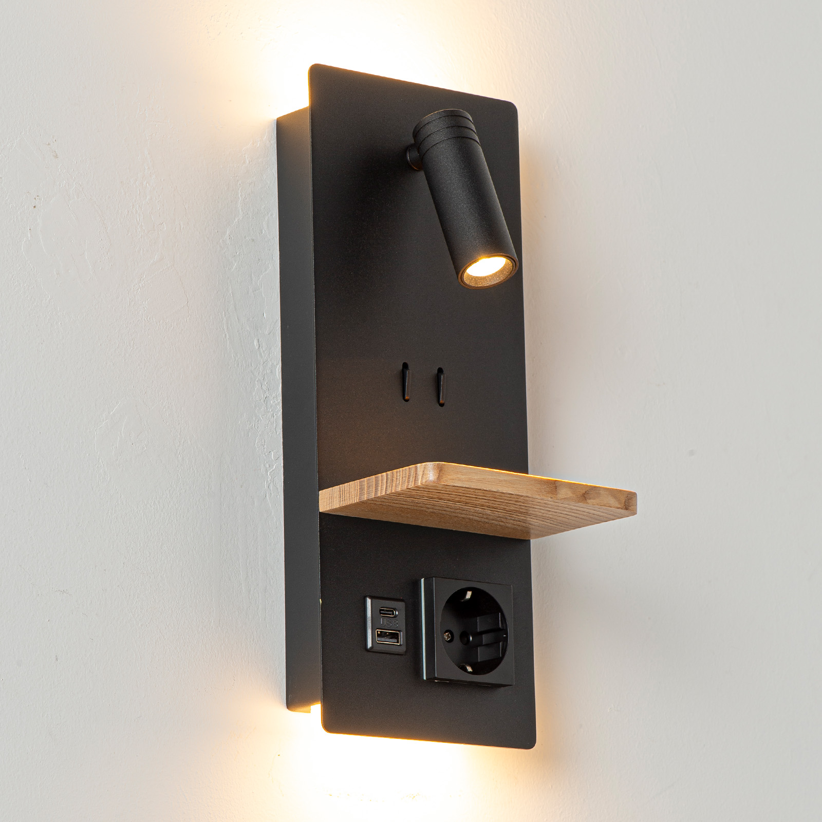 Aplique parede leitura 3W, luz traseira 3W+3W, USB/tomada integrada Möbius