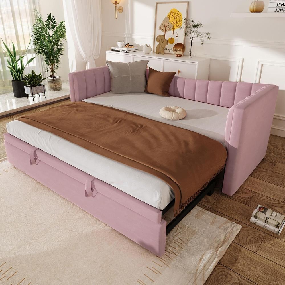Sofá cama com gaveta 90x200cm veludo rosa
