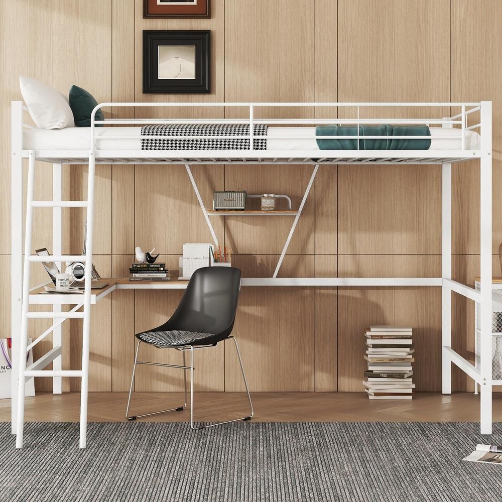 Cama alta 90x200 cm em aço e mdf, secretária em l, estante, branca