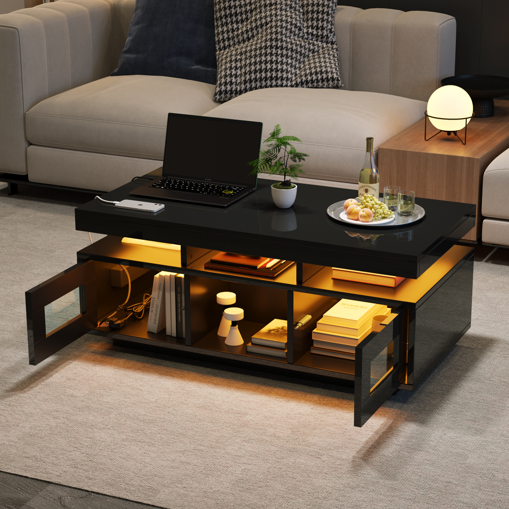 Mesa de centro com LED e arrumação preto 43x100x50cm