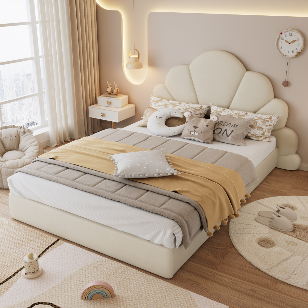 Cama de casal 140x200cm com cabeceira floral em veludo bege