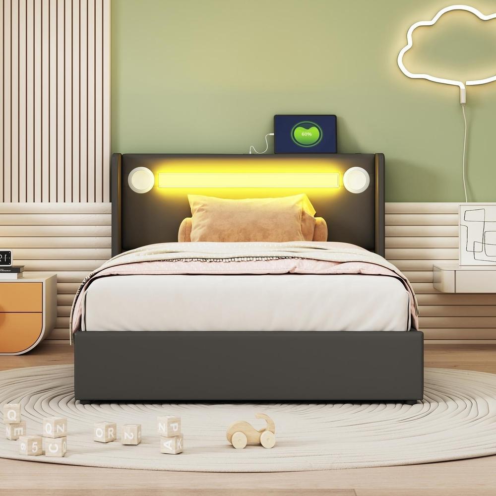 Cama infantil 90x200cm com LED, bluetooth, usb e arrumação, preta