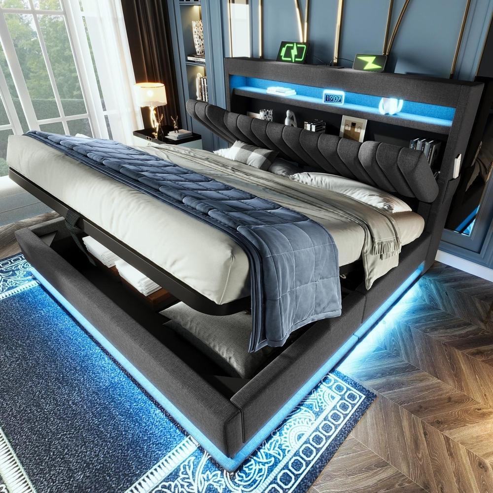 Cama de casal 140x200cm com LED, usb-c, arrumação hidráulica, cinzenta