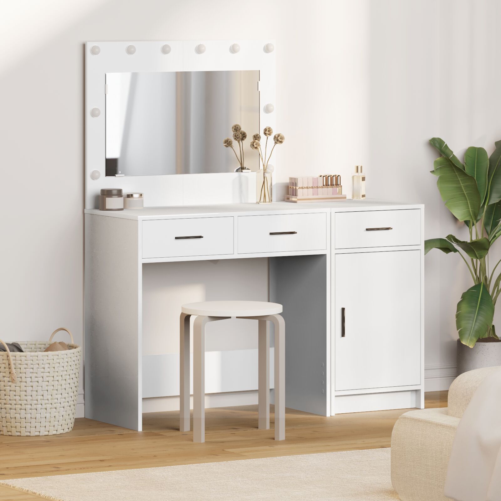 Conjunto de mesa de maquiagem de 2 peças com LED em madeira branca wf512708