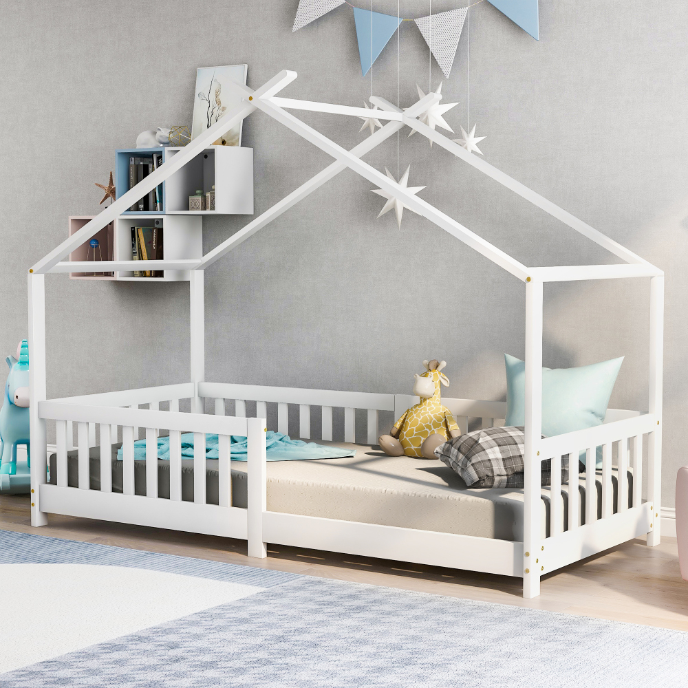 Cama casinha infantil 90x200cm com grade e estrado madeira maciça – branco