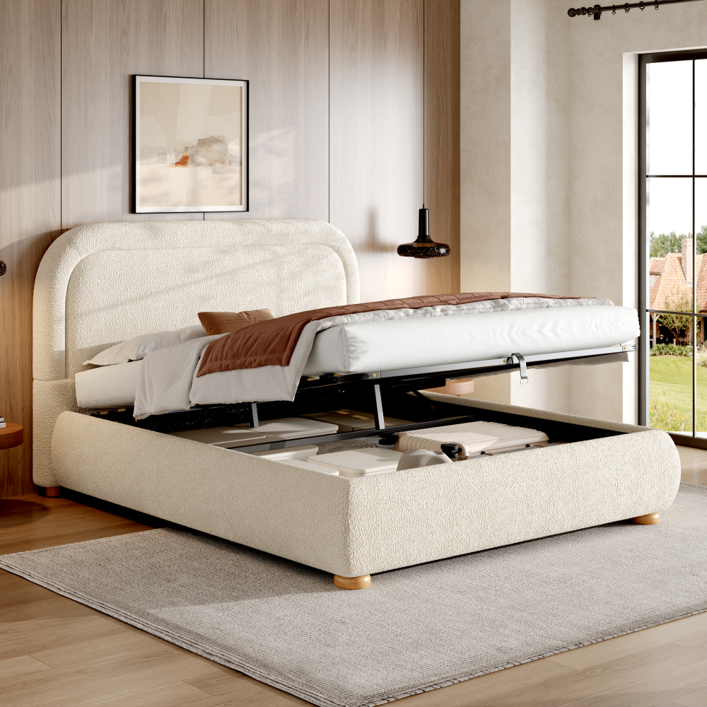 Cama de casal 140x190cm com arrumação hidráulica tecido bouclé – bege