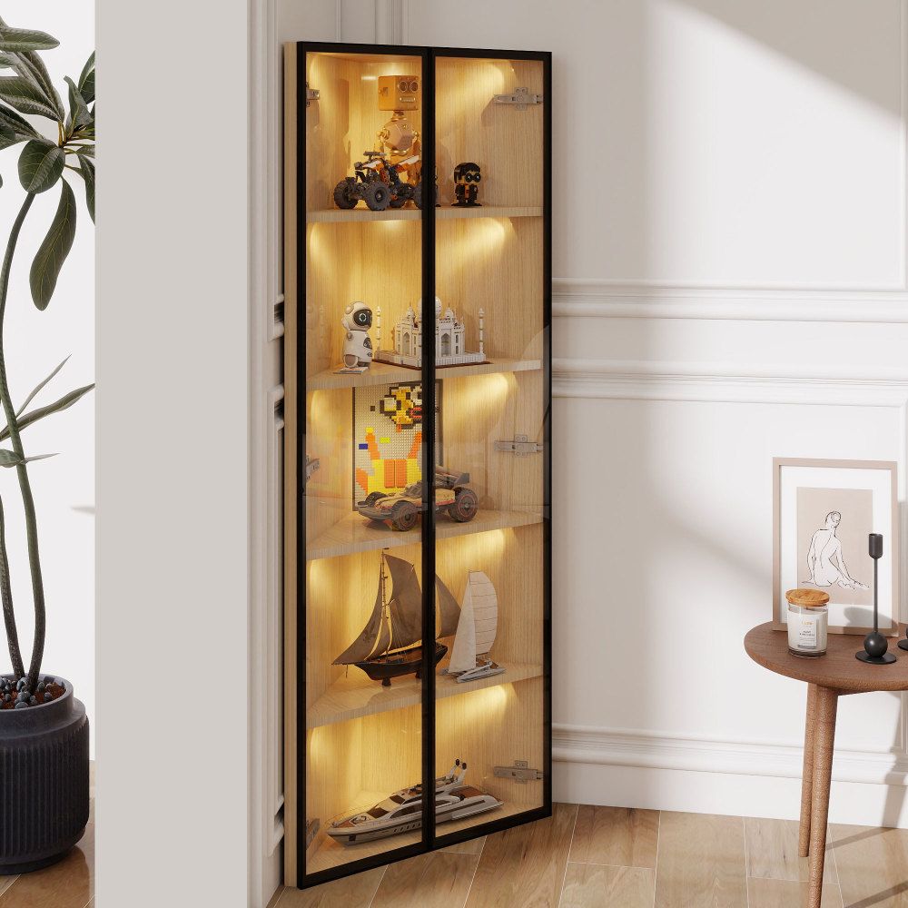 Vitrina de canto em vidro com iluminação LED carvalho 62 x 35 x 160 cm