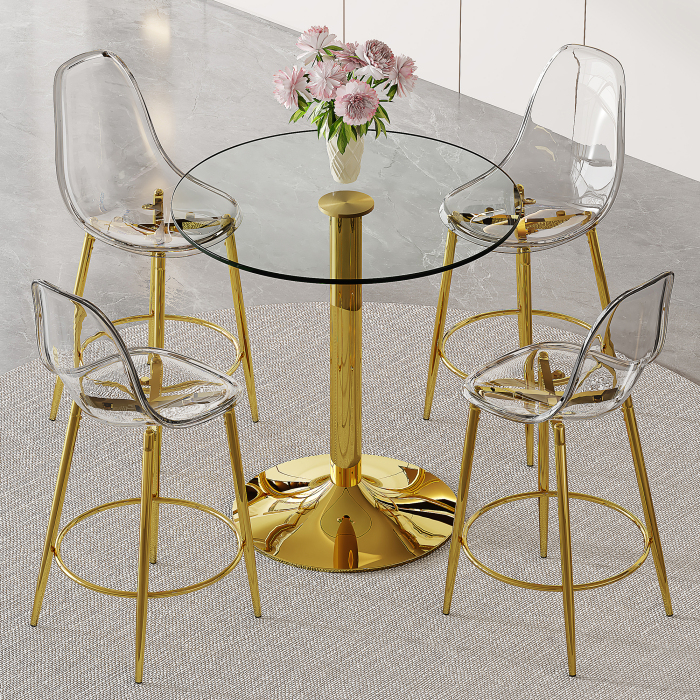Conjunto bar mesa redonda em vidro 4 bancos transparentes dourado