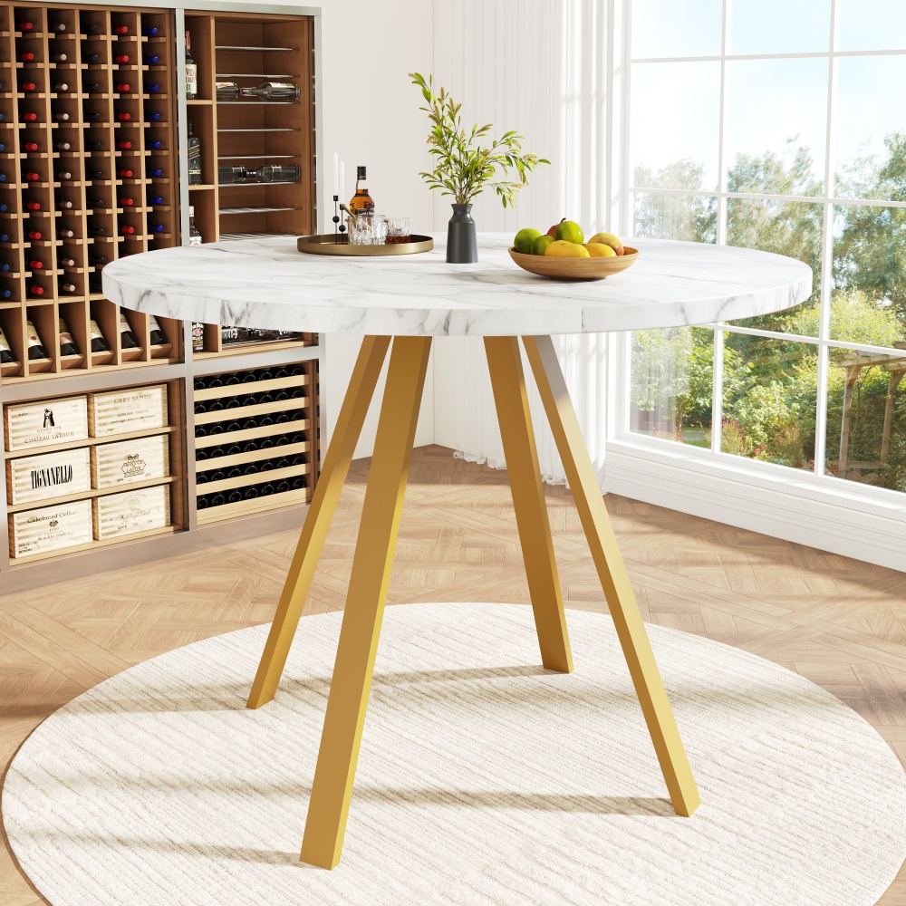 Mesa de jantar redonda mármore branco dourado 75x80x80cm