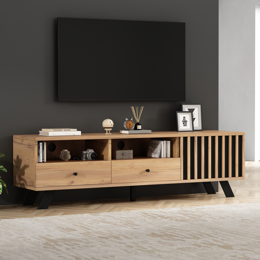 Móvel de tv em madeira natural e preto 44x150x38cm