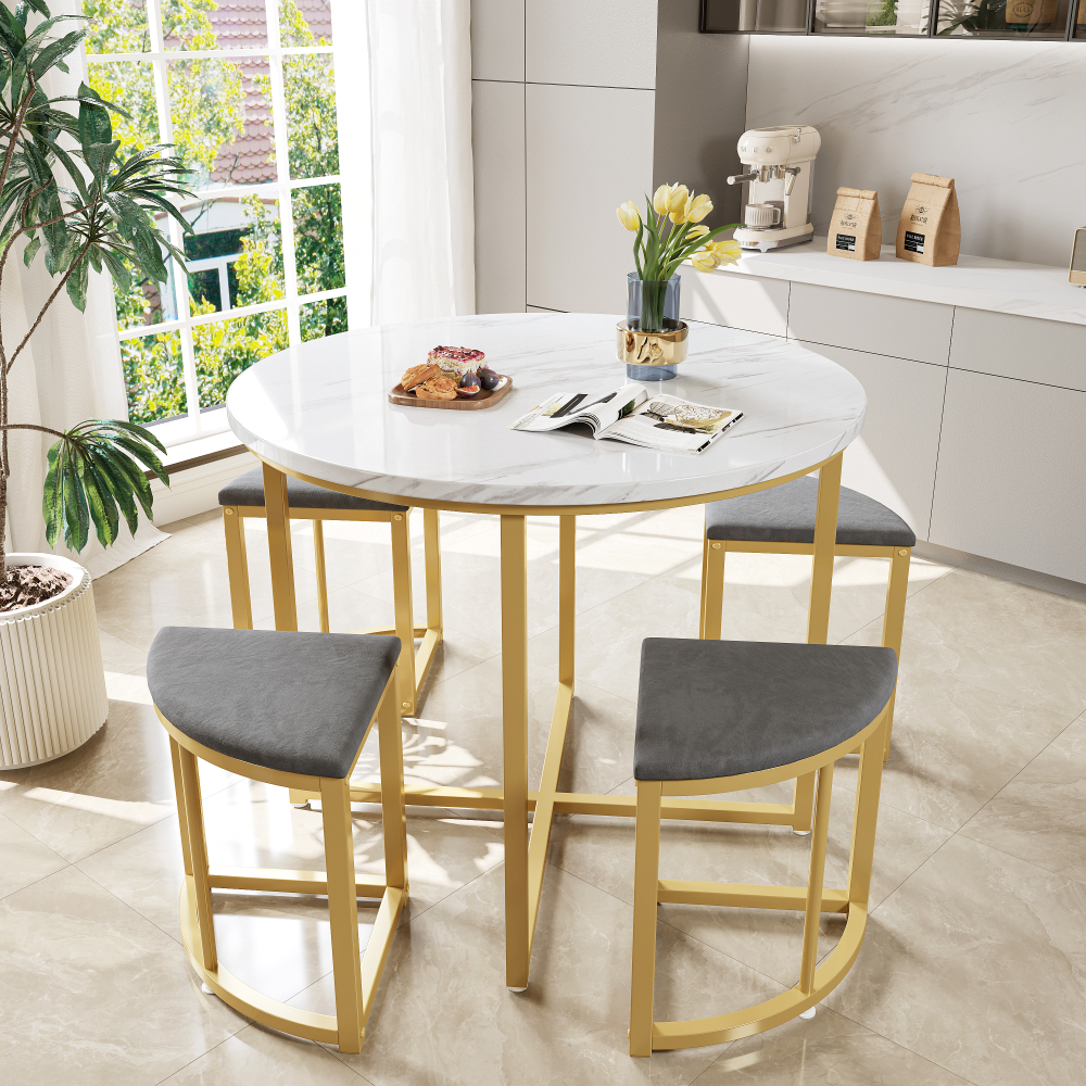 Conjunto mesa de jantar redonda com 4 cadeiras mdf branco cinzento