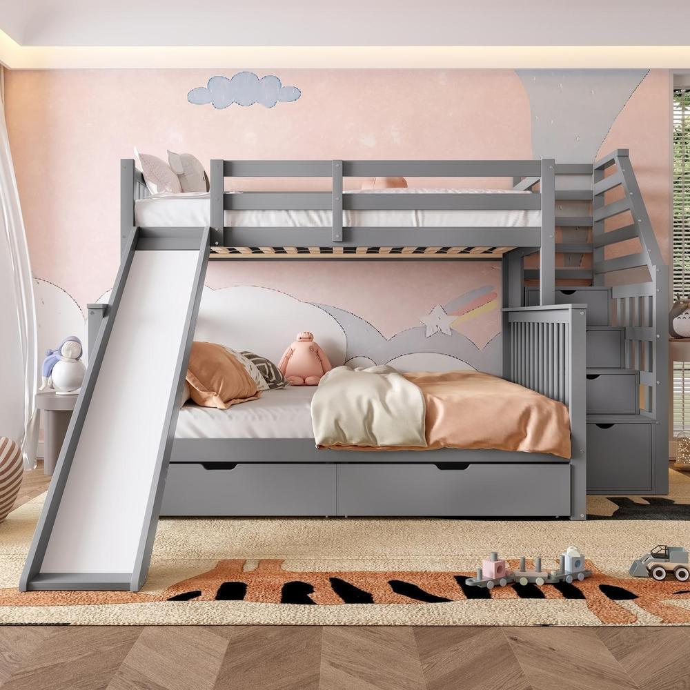 Beliche com escorrega e gavetas 90x200cm e 140x200cm madeira cinza