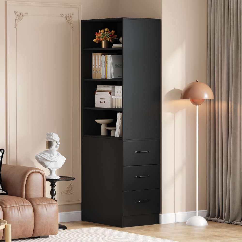 Estante alta estreita com gavetas laterais preto 180x60x38cm
