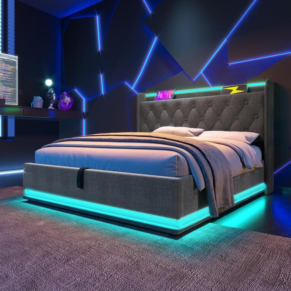 Cama de casal 180x200 cm com arrumação hidráulica LED 360, cinzenta