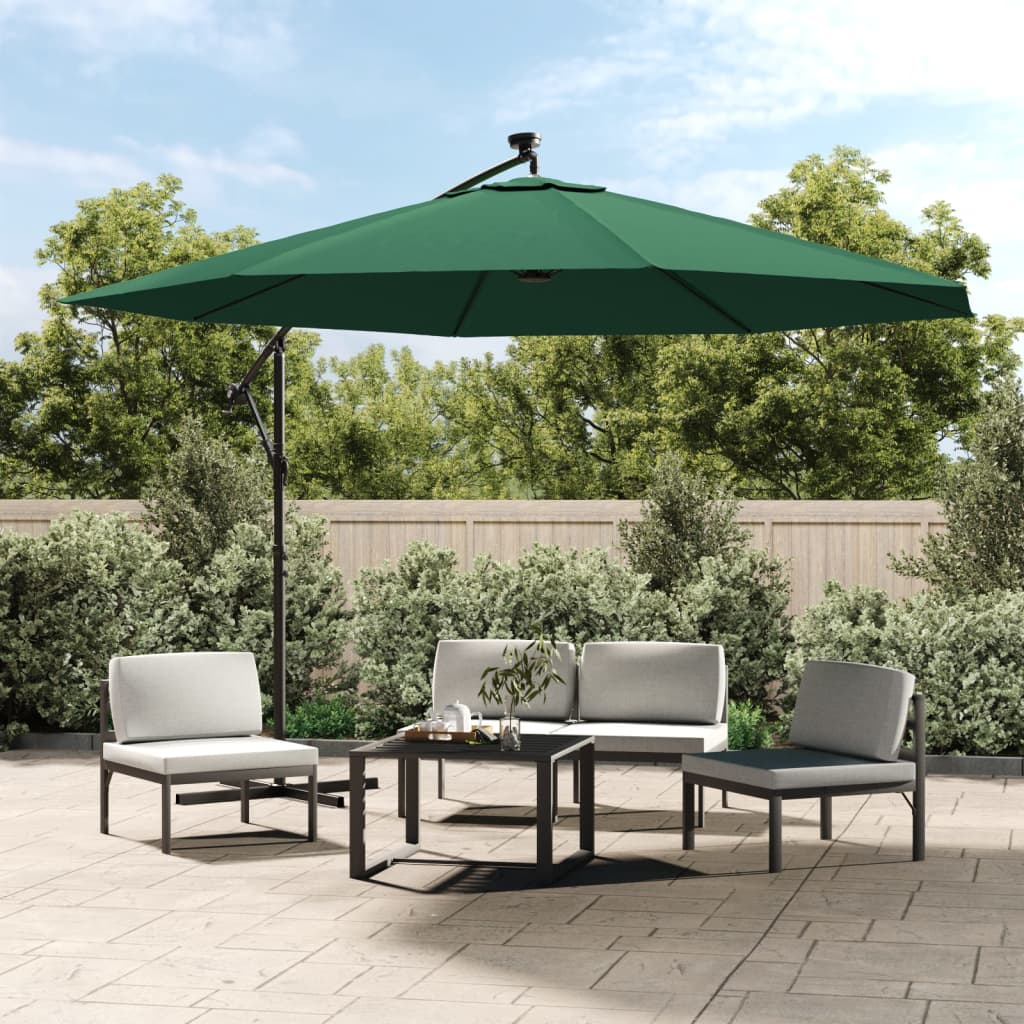 Guarda-sol cantilever c/ luzes LED e poste metal 350 cm verde ergft8077