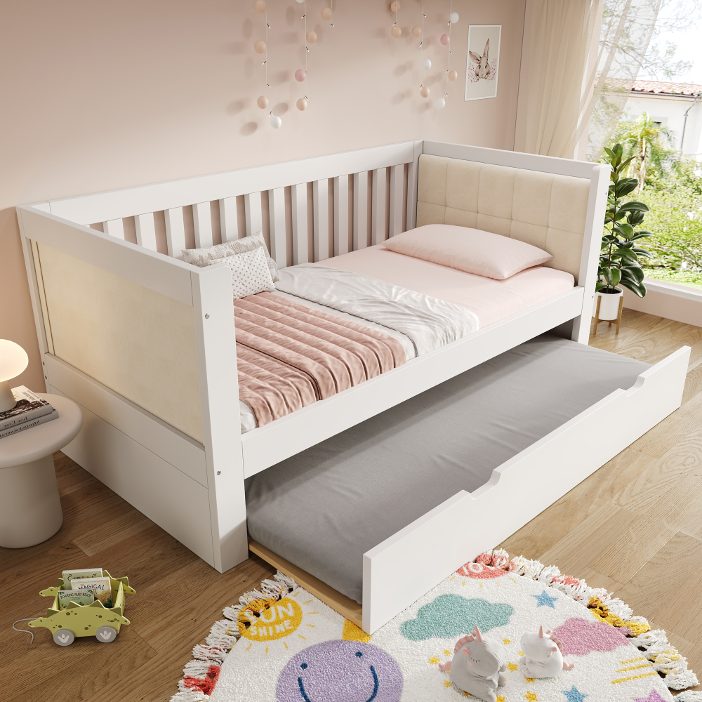Cama de madeira 90x190cm com cama auxiliar e estrado branco