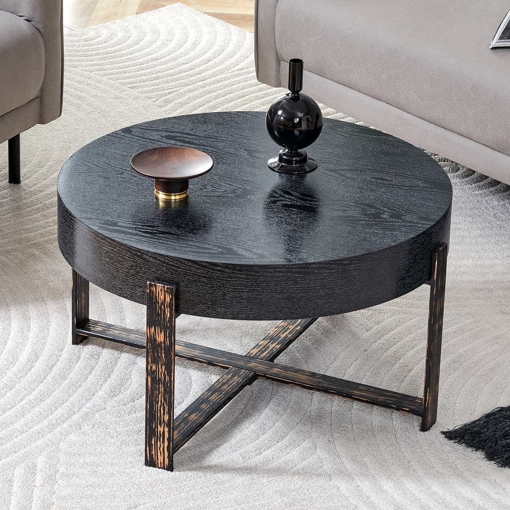 Mesa auxiliar redonda preta com base em x 39x68x68cm