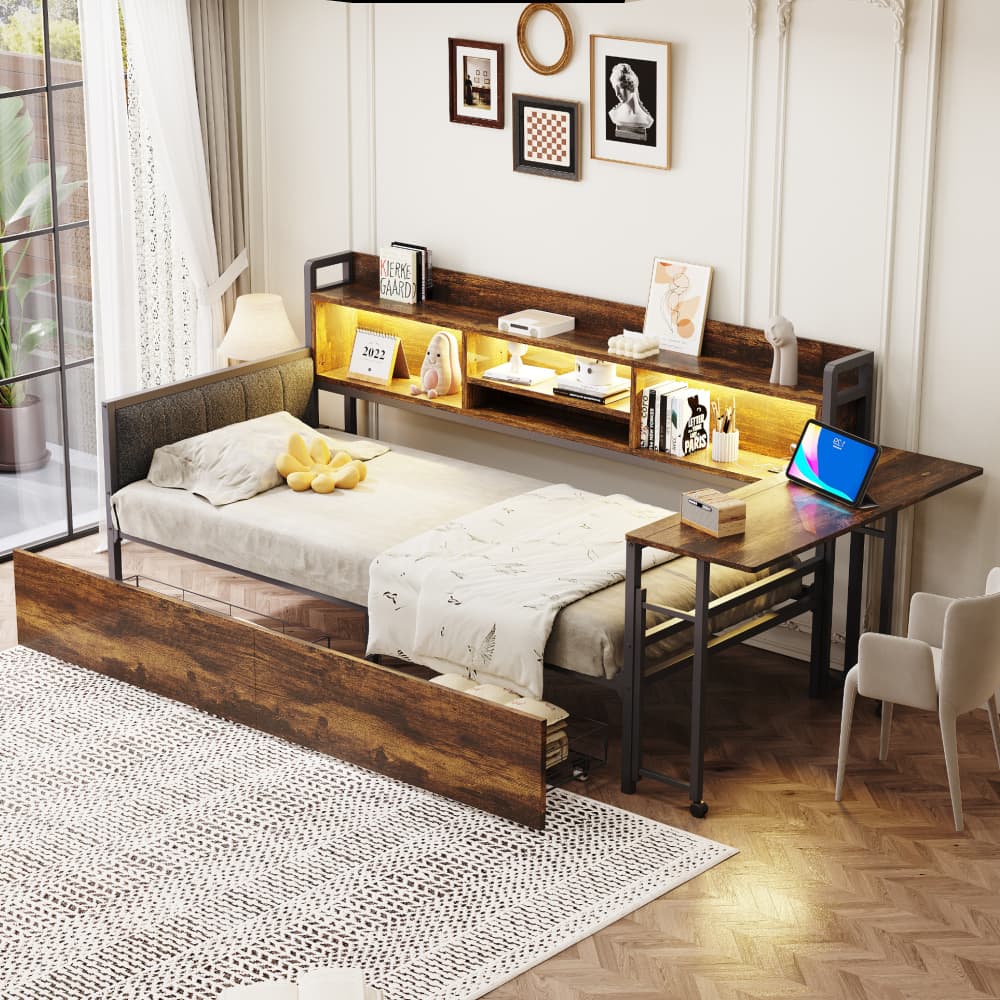 Cama individual metal 90x200cm secretária LED arrumação madeira natural